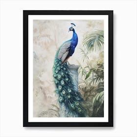 Peacock With Tropical Leaves Watercolour Art Print