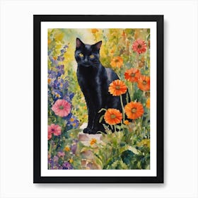 Black Cat Amongst Garden Flowers - Traditional Watercolor Art Print Kitty Travels Home and Room Wall Art Cool Decor Klimt and Matisse Inspired Modern Awesome Cool Unique Pagan Witchy Witches Familiar Gift For Cat Lady Animal Lovers World Travelling Genuine Works by British Watercolour Artist Lyra O'Brien Art Print