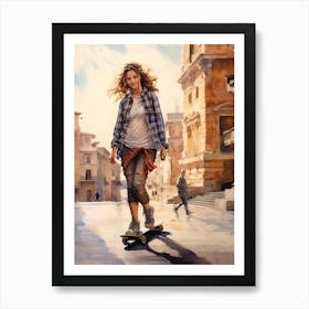 Girl Skateboarding In Rome, Italy Watercolour 3 Art Print