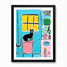 Black Cat In The Kitchen, Colourful Art Print