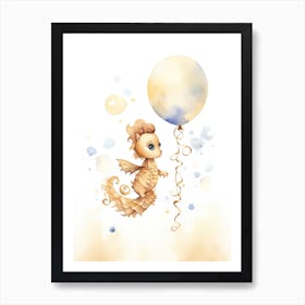 Baby Seahorse Flying With Ballons, Watercolour Nursery Art 3 Art Print