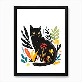 Black Cat With Flowers 2 Art Print