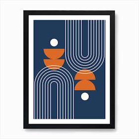 Mid Century Modern Geometric Abstract Rainbow, Moon Phases and Sun in Navy Blue Retro Burnt Orange 1 Art Print
