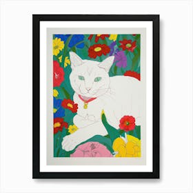 Cute White Cat With Flowers Illustration 3 Art Print