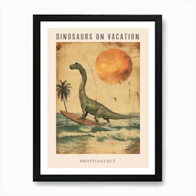 Vintage Brontosaurus Dinosaur On A Surf Board 3 Poster Art Print