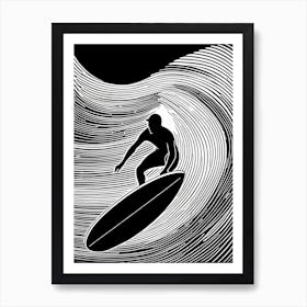 Linocut Black And White Surfer On A Wave art, surfing art, 266 Art Print