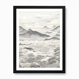 Aso Caldera In Kumamoto, Ukiyo E Black And White Line Art Drawing 2 Art Print