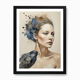 Woman Portrait With A Bird Painting (22) Art Print