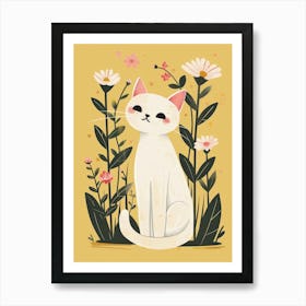 White Cat In Flowers 4 Art Print