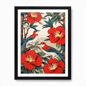 Camellia And Birds Vintage Japanese Botanical Art Print