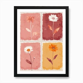 Set Of 4 Simple Hand Drawn Daisies On Pink Paper 3 Art Print