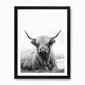 Highland Cow Sat In The Grass Black & White Stippling Art Print