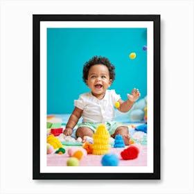 A Joyful Infant Engaging In Playful Interactions Surrounded By A Plethora Of Vivid Scattered Colo (1) Art Print