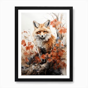 Fox, Japanese Brush Painting, Ukiyo E, Minimal 3 Art Print