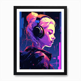 Girl With Headphones, Neon art Art Print