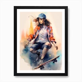 Girl Skateboarding In Seoul, South Korea Watercolour 2 Art Print