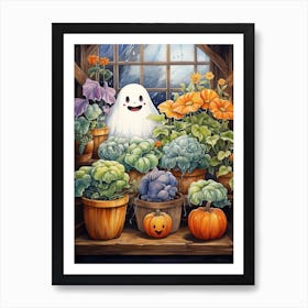 Cute Bedsheet Ghost, Botanical Halloween Watercolour 125 Art Print