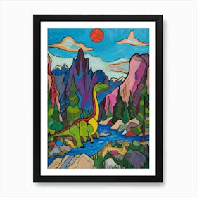 Colourful Wavy Line Dinosaur Mountain Illustration Art Print