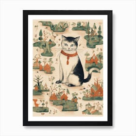 Black & White Cat With Medieval Village Art Print