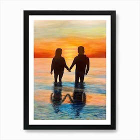 Couple Holding Hands At Sunset Art Print