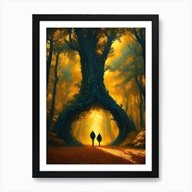 Two People Walking Through A Forest Art Print
