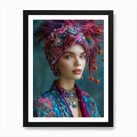 Peacock Feathers in her head Art Print