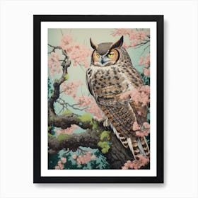 Ohara Koson Inspired Bird Painting Great Horned Owl 2 Art Print