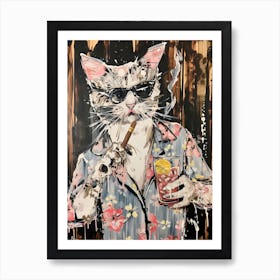 Animal Party: Crumpled Cute Critters with Cocktails and Cigars Hawaiian Cat Art Print