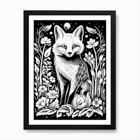 Fox In The Forest Linocut Illustration 4  Art Print