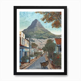Painting Of Cape Town With A Cat In The Style Of William Morris 3 Art Print