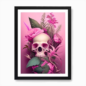 Skull With Surrealistic Elements 1 Pink Botanical Art Print