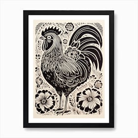 B&W Bird Linocut Chicken 4 Art Print