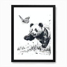 Giant Panda Cub Chasing After A Butterfly Ink Illustration 3 Art Print