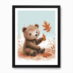 Sloth Bear Cub Playing With A Fallen Leaf Storybook Illustration 1 Art Print