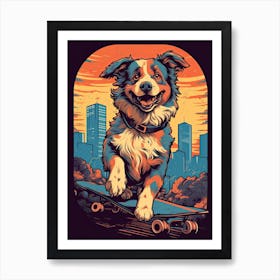 Australian Shepherd Dog Skateboarding Illustration 4 Art Print