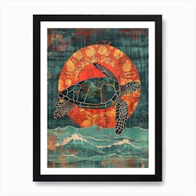 Sea Turtle In The Red Sunset 1 Art Print