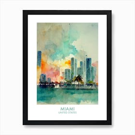 Miami Usa Watercolour Travel Art Print