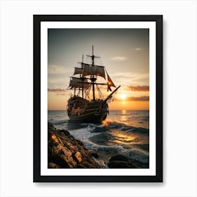 Pirate Ship At Sunset Art Print