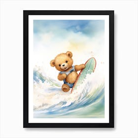 Surfing Teddy Bear Painting Watercolour 1 Art Print