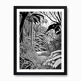 Royal Botanic Gardens, Melbourne, Australia Linocut Black And White Vintage Art Print