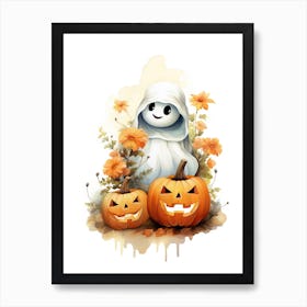 Cute Ghost With Pumpkins Halloween Watercolour 64 Art Print