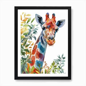 Watercolour Giraffe Head In The Leaves 1 Art Print