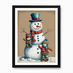 Snowman With Children Art Print