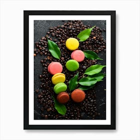 Macaroons colored cakes — Food kitchen poster/blackboard, photo art Art Print