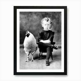 Boy And A Chicken, Boy Smoking Cigarette, Funny Vintage Black and White Old Photo Art Print