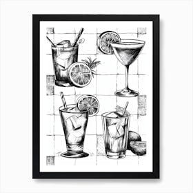 Black & White Sketch Of Cocktails Tile Poster