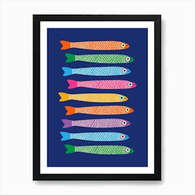 ANCHOVIES Retro Swimming Fish Horizontal in Rainbow Pink Purple Blue Orange Green Yellow on Royal Blue Art Print