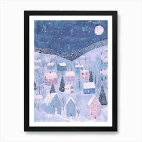 Night Winter Village. Pastel Gouache Christmas. Nursery Art Print