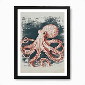 Detailed Red & Navy Linocut Octopus 3 Art Print