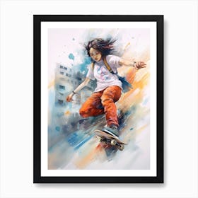 Girl Skateboarding In Seoul, South Korea Watercolour 3 Art Print